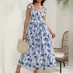 Haute Hippie Floral Smocked Ruffle Hem Cottagecore Boho Maxi Dress Sz 2